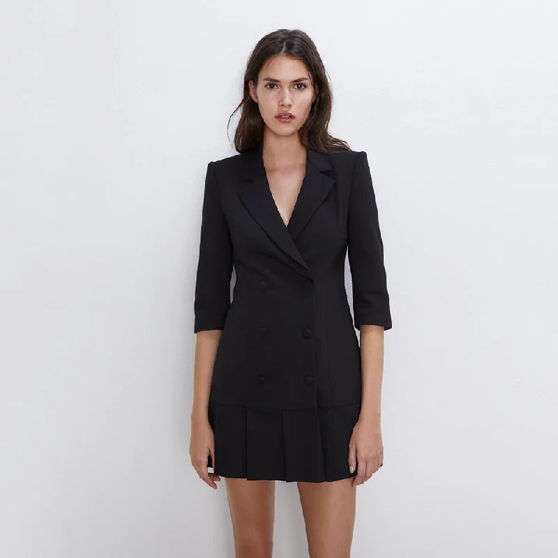 2019 ZA Black Blazer Mini Dress for Women Turn-Down Collar Shoulder Pad Buckle Closure Pleated Design Charm Autumn Style Dress