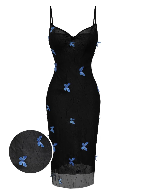 Black 1930s Butterfly Mesh Strap Dress