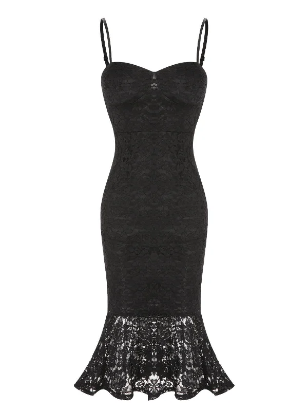 Black 1930s Lace Spaghetti Strap Mermaid Dress