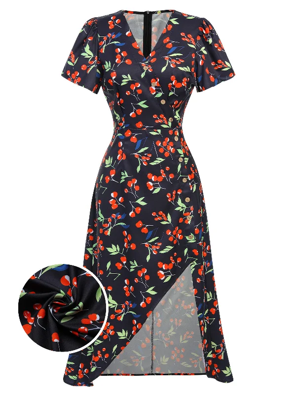 Black 1940s Cherry V-Neck Added Button Dress