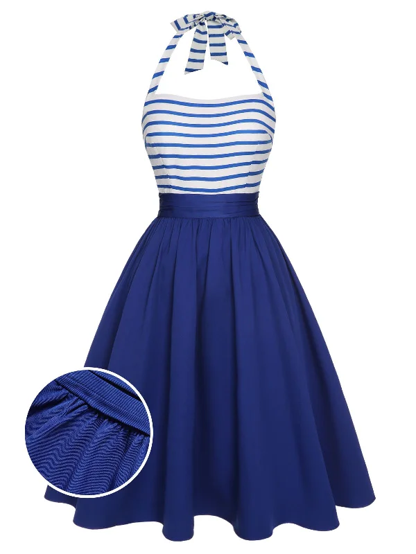 Blue 1940s Striped Patchwork Halter Dress