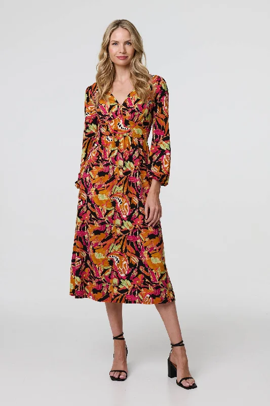 Tropical Floral Print Long Sleeve Midi Dress