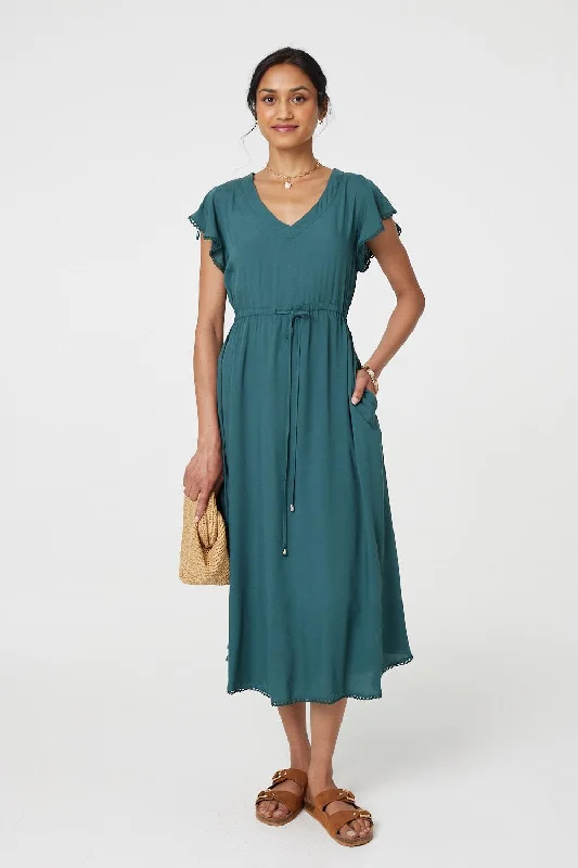 Angel Sleeve Drawstring Waist Midi Dress