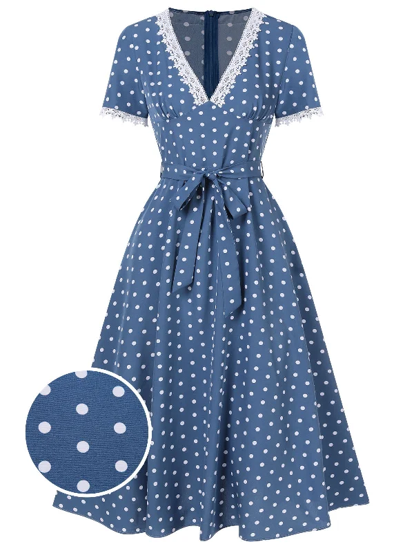 Dark Blue 1930s V-Neck Polka Dots Belted Dress