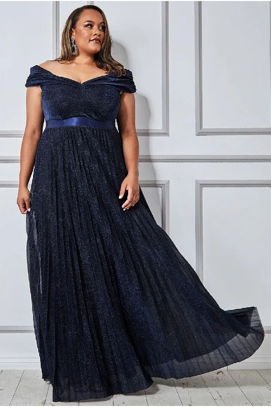 Goddiva Bardot Pleated Skirt Maxi Dress - Navy