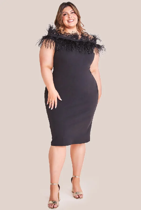 Goddiva Plus Off The Shoulder Feather Midi Dress - Black