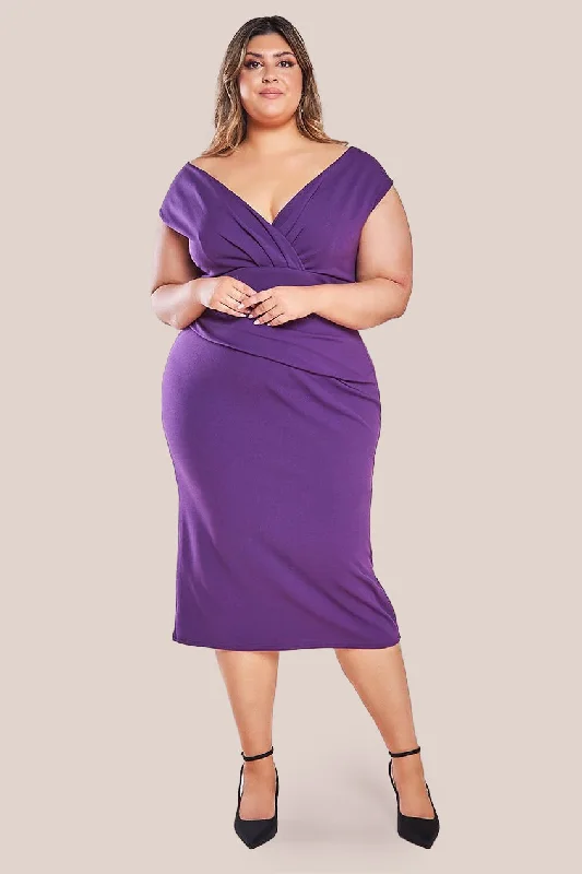 Goddiva Plus Scuba Bardot Pleated Midi Dress - Purple