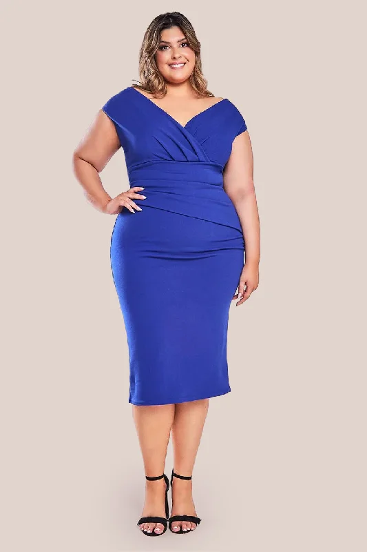 Goddiva Plus Scuba Bardot Pleated Midi Dress - Royalblue