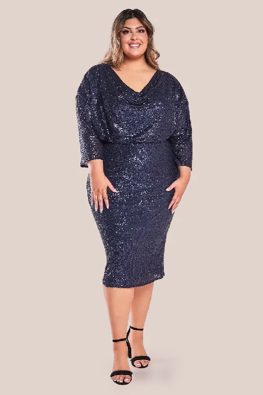 Goddiva Plus Sequin Cowl Neck Midi Dress - Navy