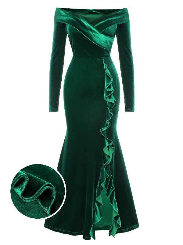 Green 1930s Velvet Off-Shoulder Ruffle-Trim Mermaid Dress