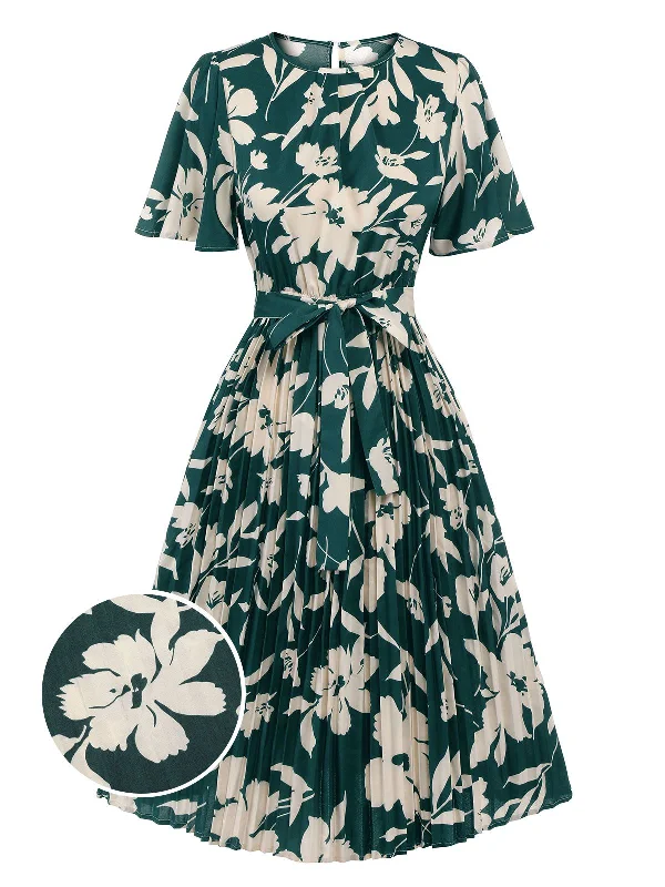 Green 1940s Floral Pleated Belt Dress