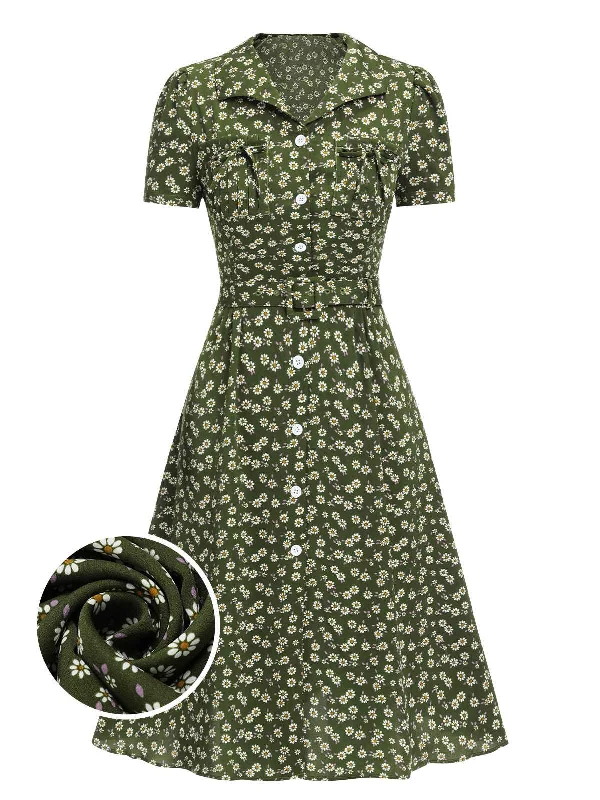 Green 1940s Lapel Buttons Ditsy Floral Dress