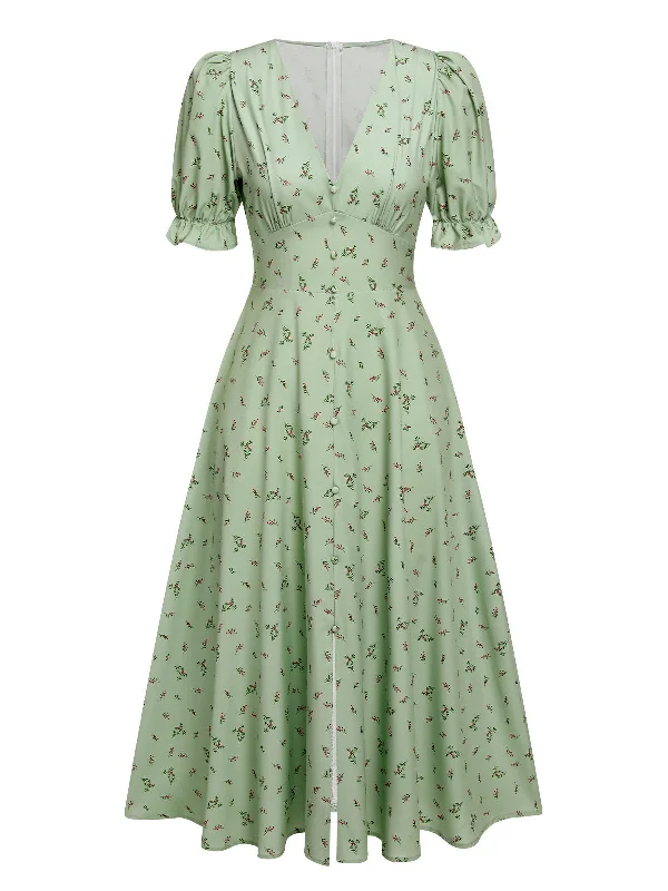 Green 1940s V-Neck Floral Lantern Sleeves Dress