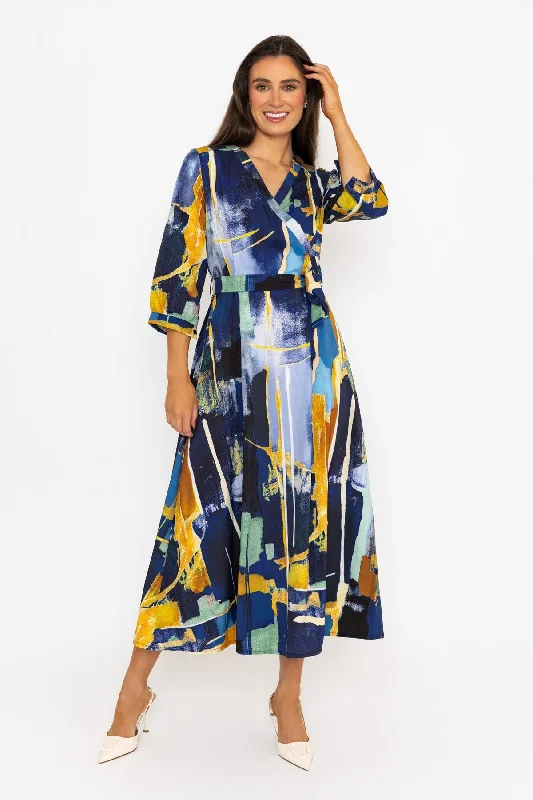 Jacqueline Midi Dress in Abstract Navy Print