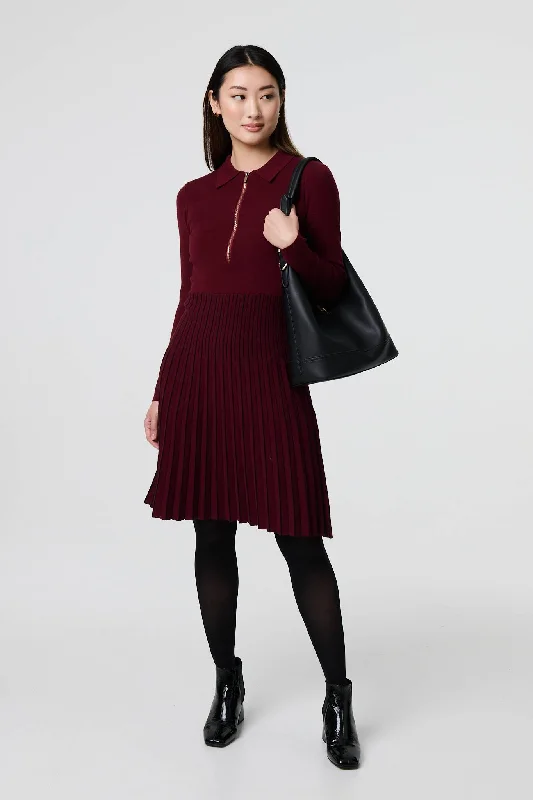 Zip Collar Pleated Knit Midi Dress