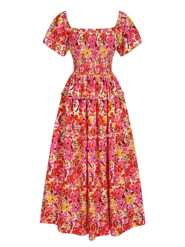 Red 1940s Flower Print Square Neck Tiered Dress