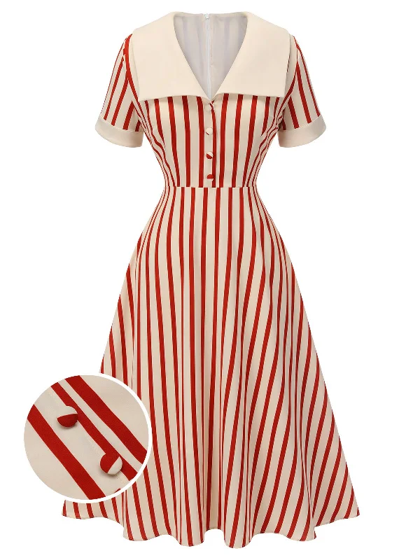 Red 1940s Lapel Vertical Stripes Dress