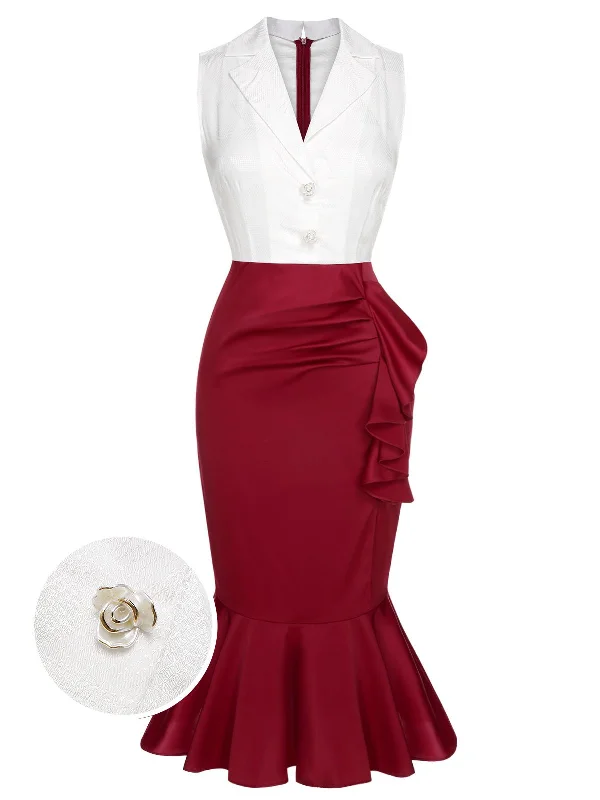 Red & White 1930s Sleeveless Slit Fishtail Dress