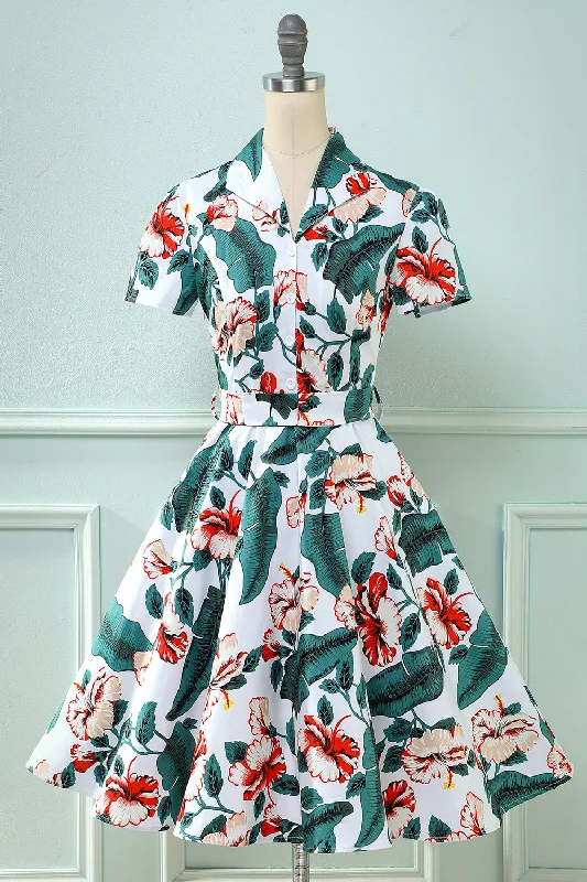 Retro V Neck Leaf Printed Vintage Dress