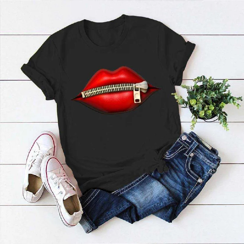 Fashion Women's Casual Sequins Red Lip Short Sleeve T-Shirts