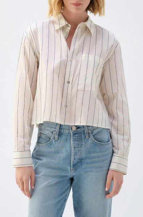 AMO Ruth Crop Button Down in Bone & Navy Stripe