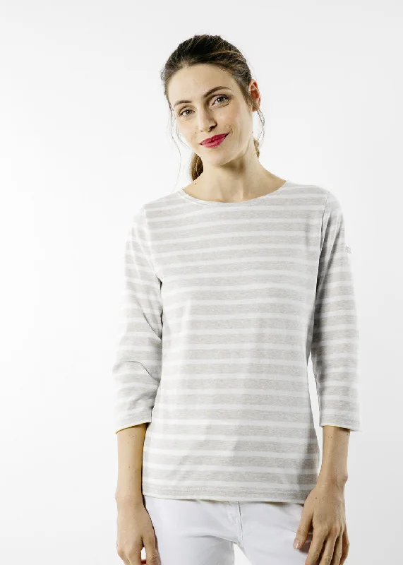 GALATHEE II - Breton Striped Top with ¾ Sleeve | Soft Cotton | Women Fit (OATMEAL / WHITE)