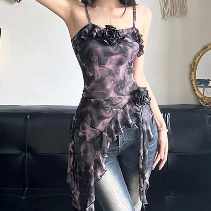 Gothic Tie Dye Butterfly Ruffles Irregular Hem Tank Top