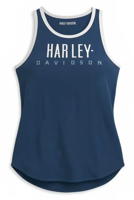 Harley-Davidson® Women's Block Letter Contrast Neck Tank Top - Navy Peony