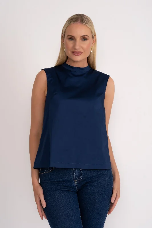 Sleeveless Bow Back Cotton Sateen Top in Navy