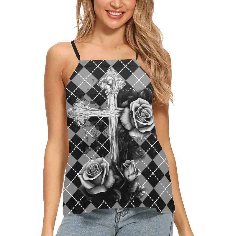 Women's Black Roses On A Cross Argyle Loose Fit Halter Neck Tank Top