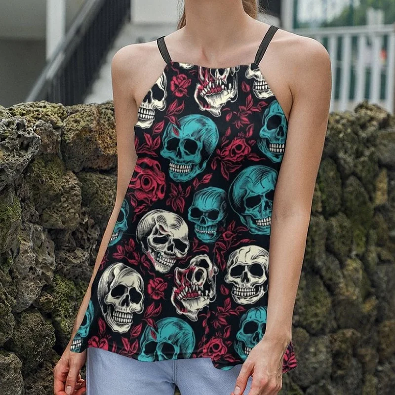 Women's Blu White Skulls On Red Roses Halter Neck Tank Top