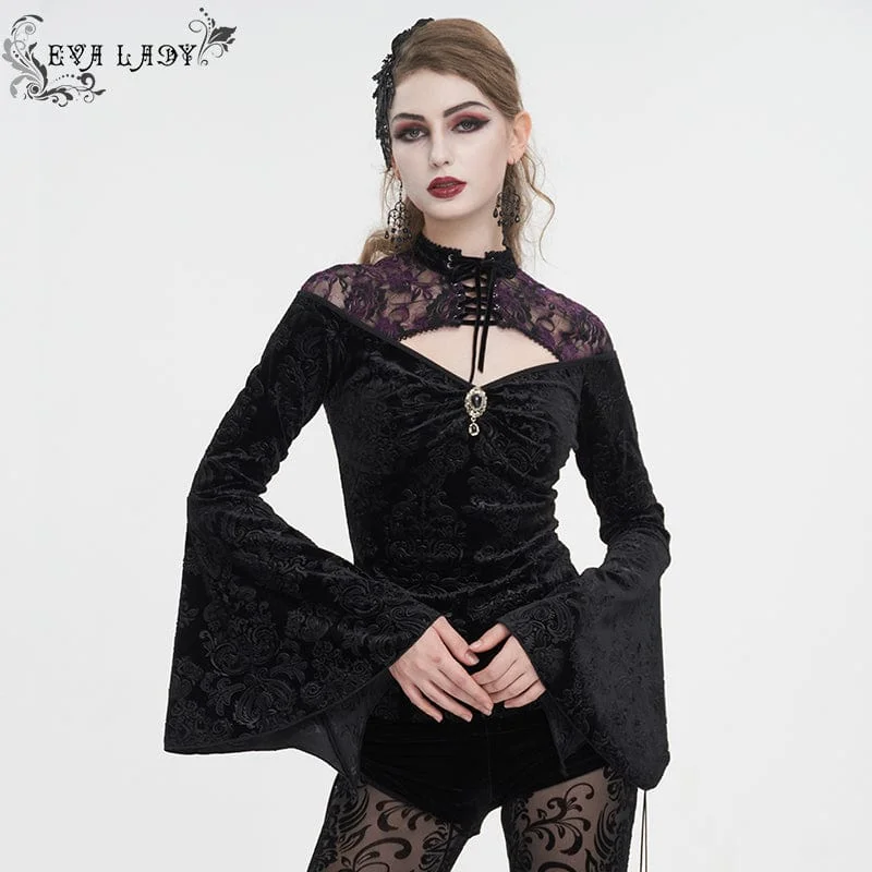 Women's Gothic Cutout Flared Sleeved Floral Embossed Shirt