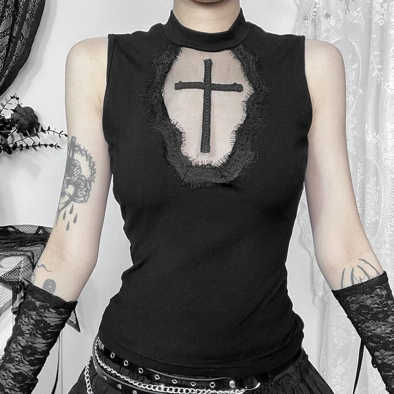 Women's Punk Cross Embroidered Unedged Tank Top