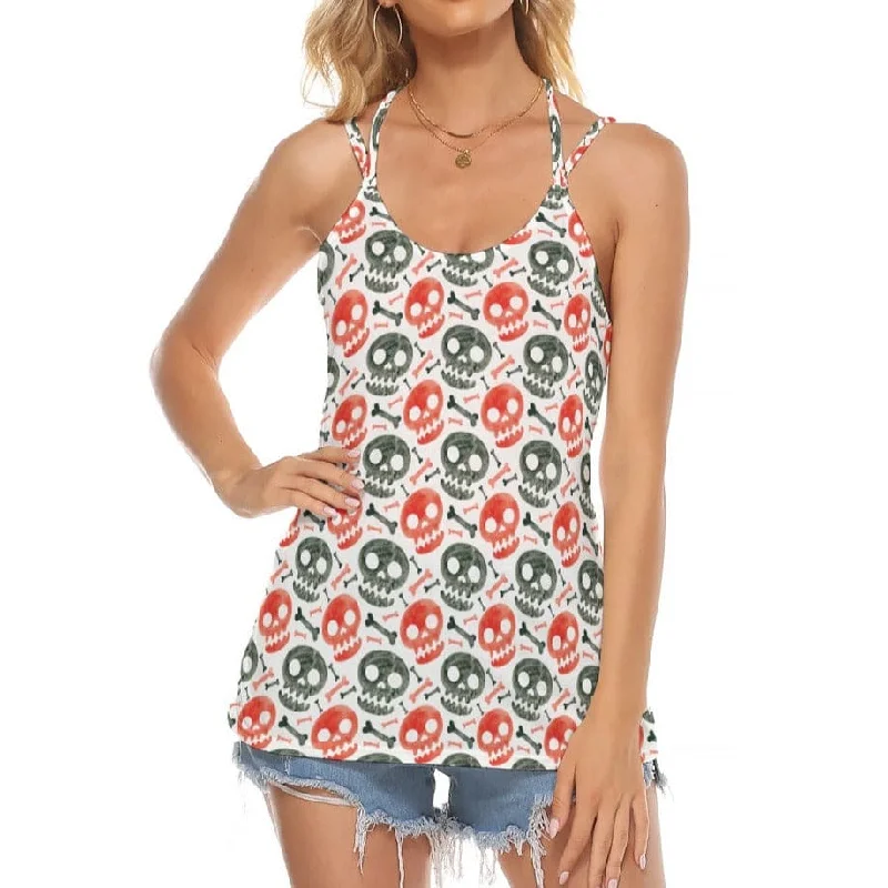 Women's Red & Black Skulls Halter Tank Top Low Back