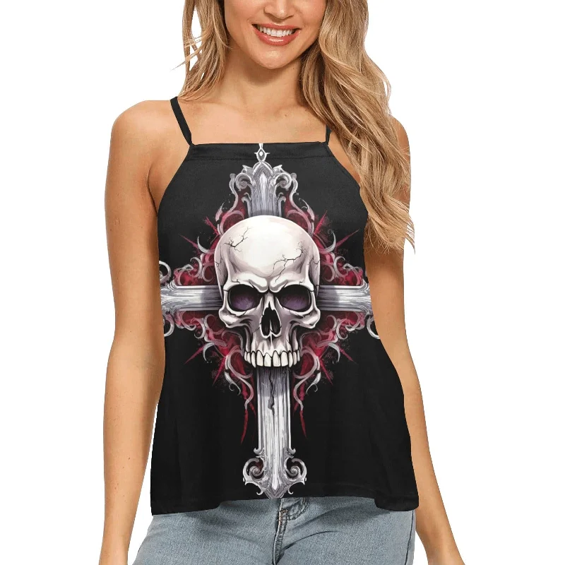 Women's Skull Cross Gothic Loose Spaghetti Strap Tank Top