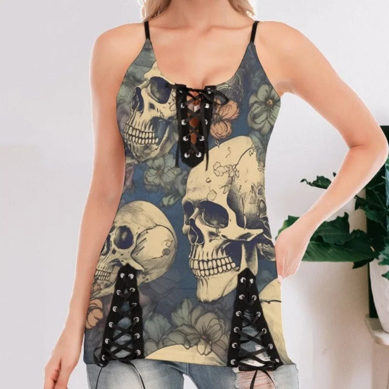 Women's Smilimg Skulls V-neck Eyelet Lace-up Cami Tank Top