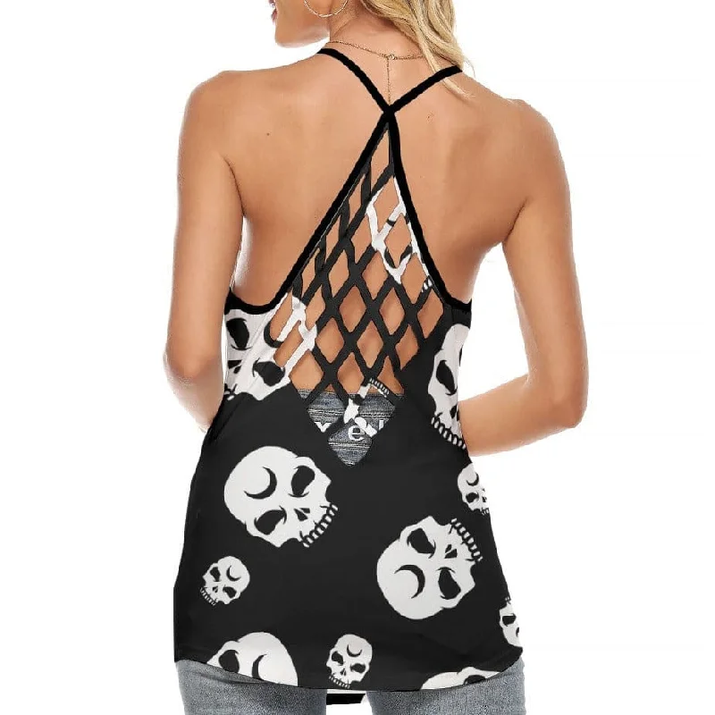 Women's White Skulls Criss-Cross Open Back Tank Top