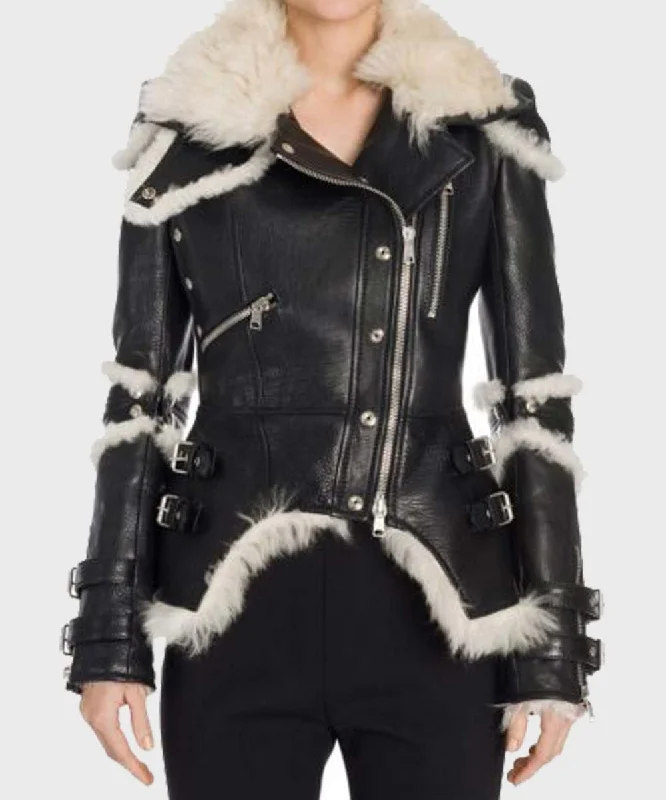 Black Sheepskin Leather Shearling Biker Womens Jacket