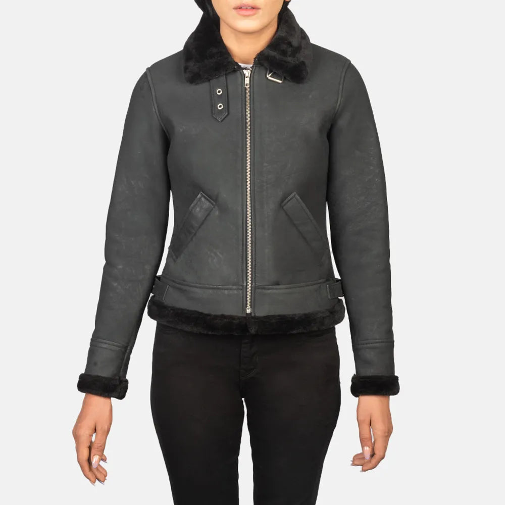 Black Women's Leather Jacket Bomber with Zipper Closure