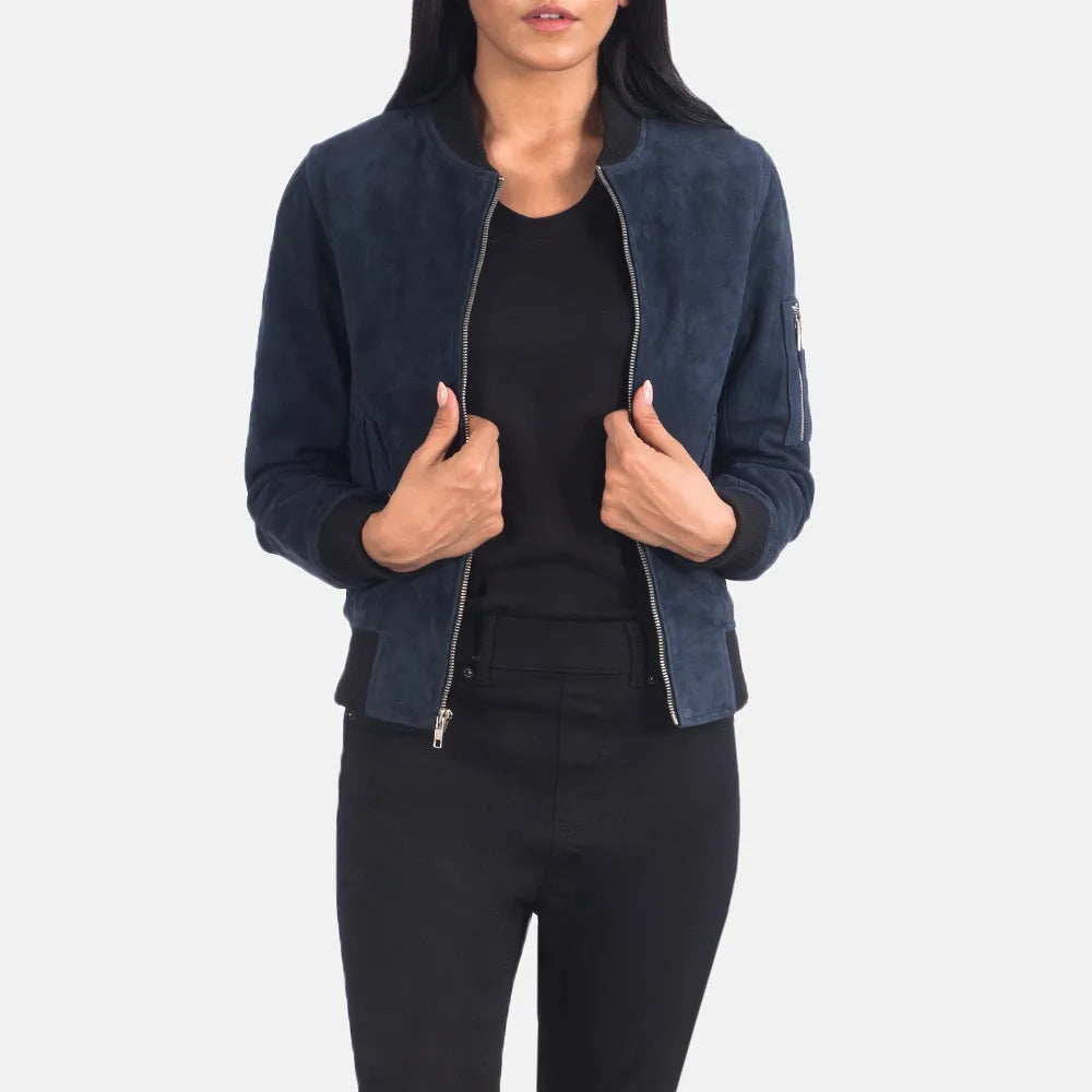 Bomber Blue Suede Jacket in Sheepskin Leather