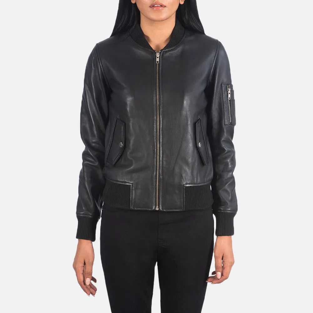 Women's Black Leather Bomber Jacket Winter