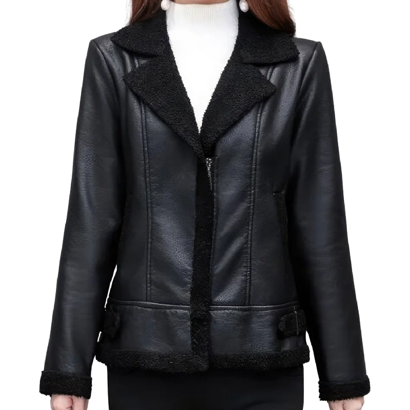 : Women’s Black Bomber Genuine Sheepskin Sherpa Shearling Faux Fur Lined Winter Warm Fashion Chic Slim Fit Leather Jacket