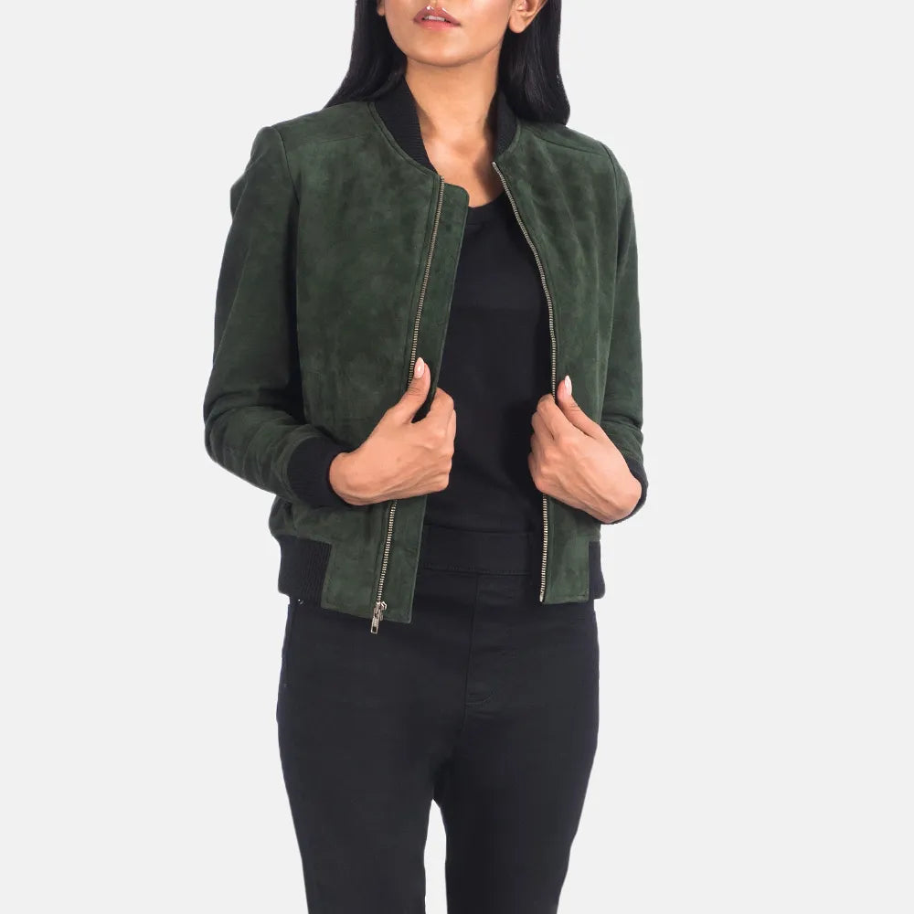 Green Suede Jacket Women - Zipper with Wind Flap