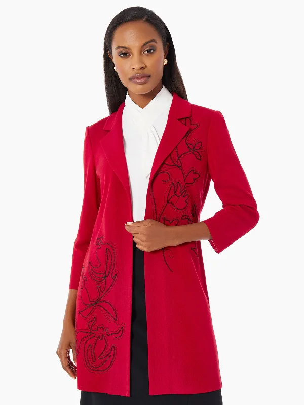 Heritage Fit Floral Embroidery Long Knit Jacket