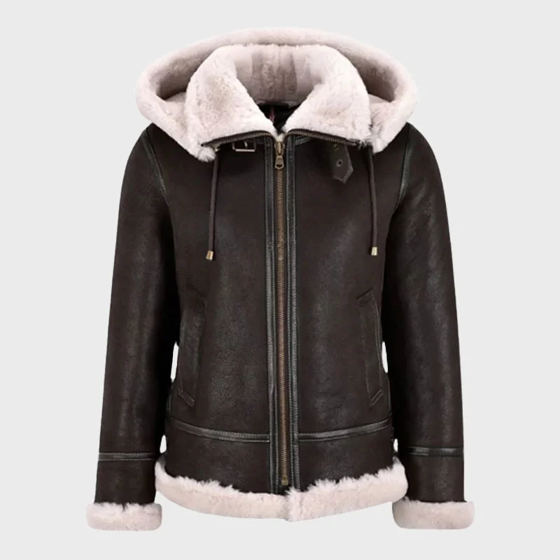 Women’s B3 Brown Bomber Fur Shearling Leather Jacket With Hood