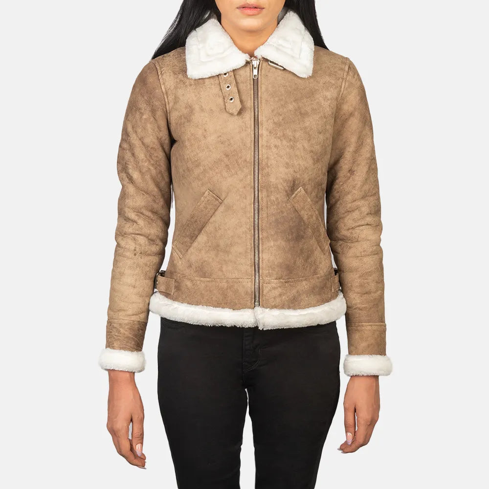 Women's Bomber Leather Jacket with Fur Brown