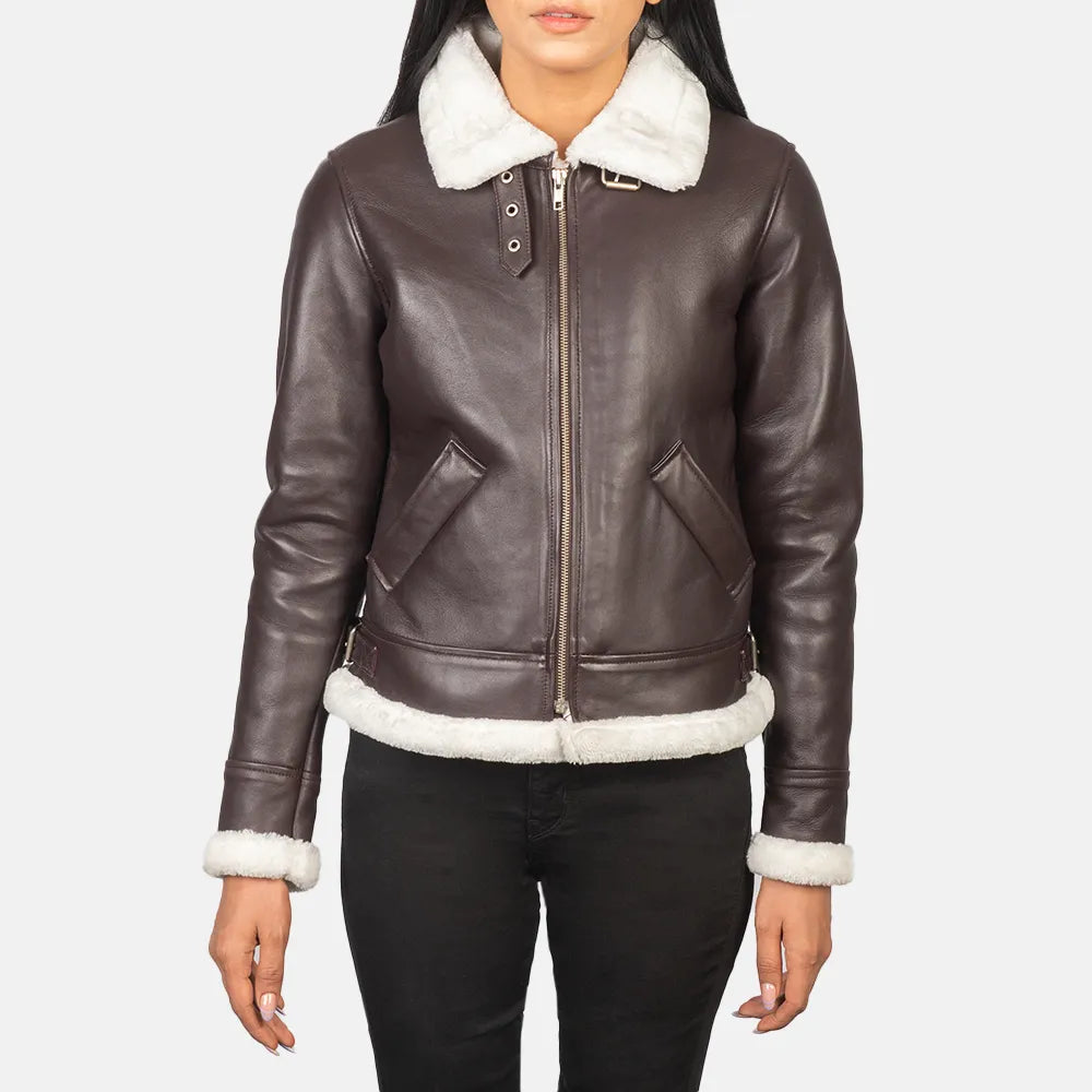 Women's Bomber Maroon Leather Coat with Zipper Closure