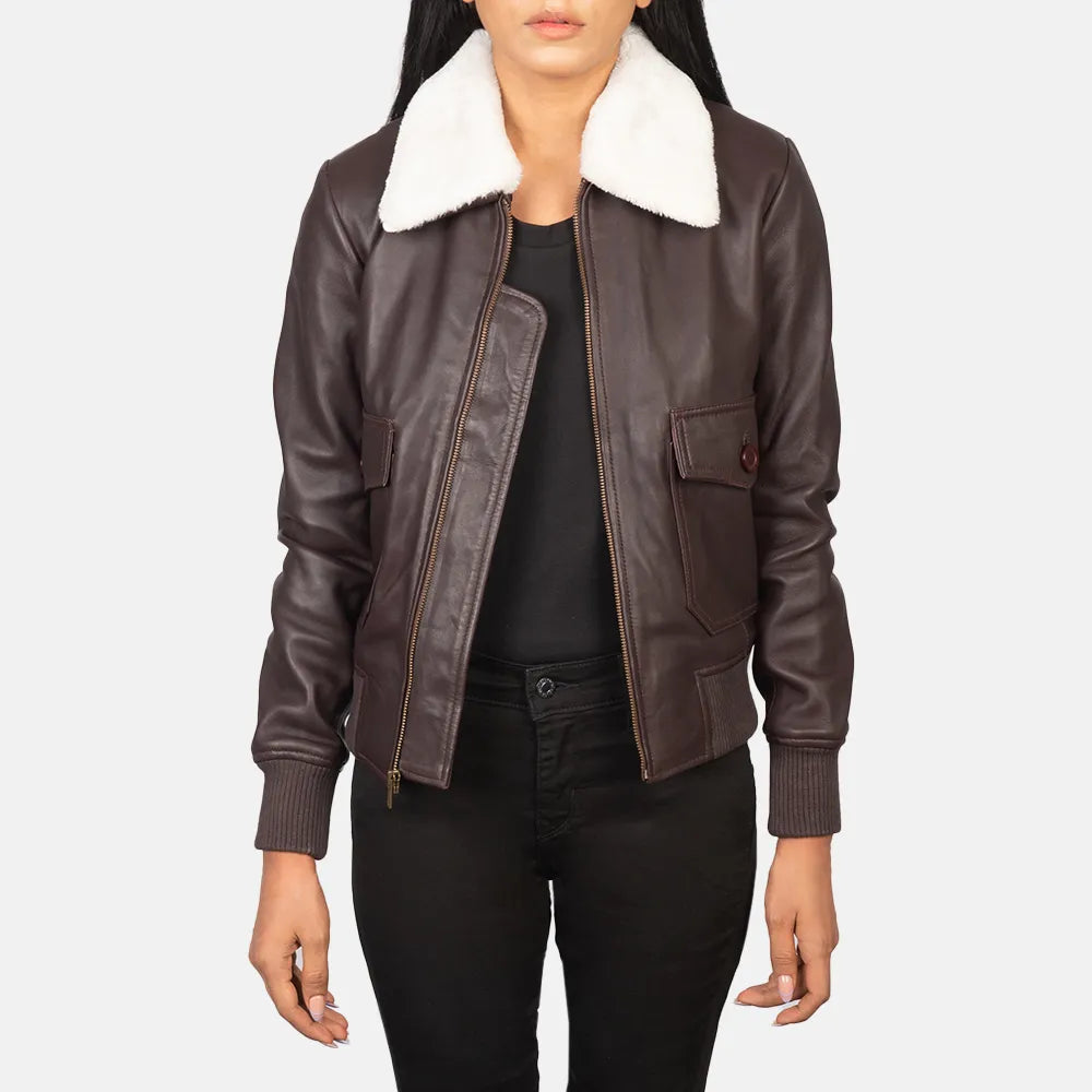 Bomber Maroon Leather Jacket Women with Removable Collar