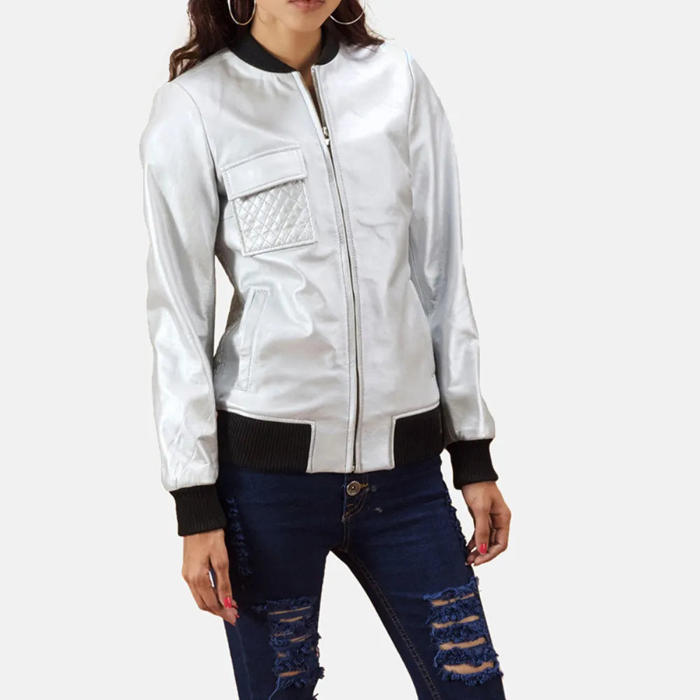 Women's Metallic Silver Leather Jacket with Zipper Closure