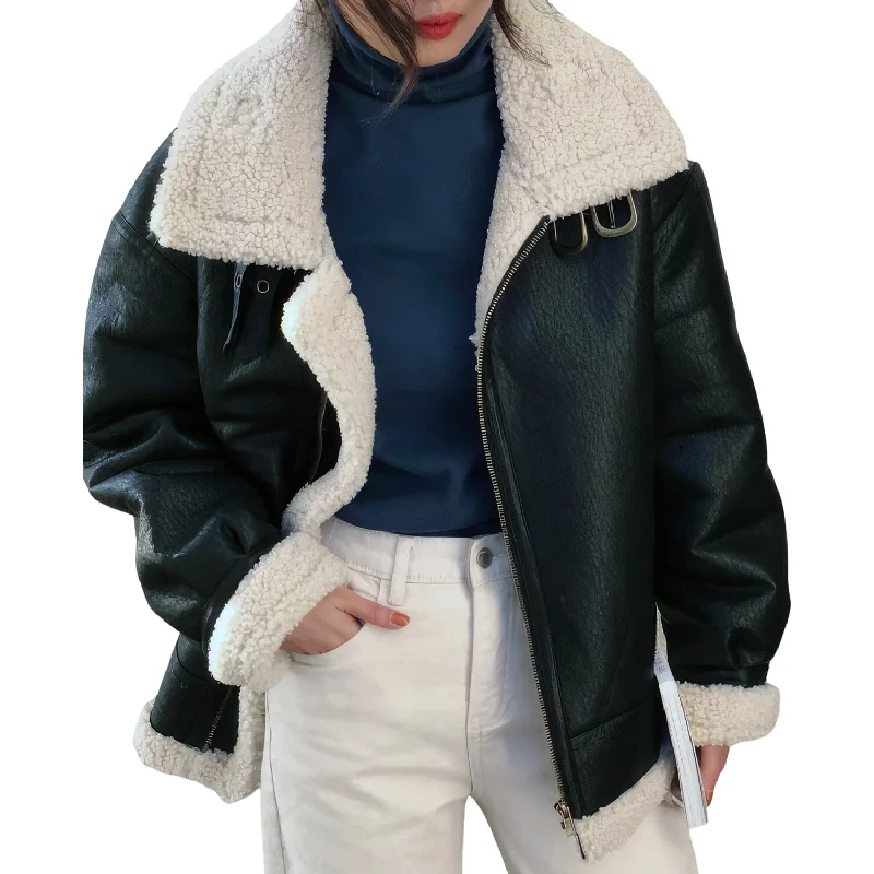 Stylish Women's Black Bomber Leather Jacket with Genuine Sheepskin Shearling & Faux Fur Lining - Perfect for Winter Warmth and Retro Aviator Flair